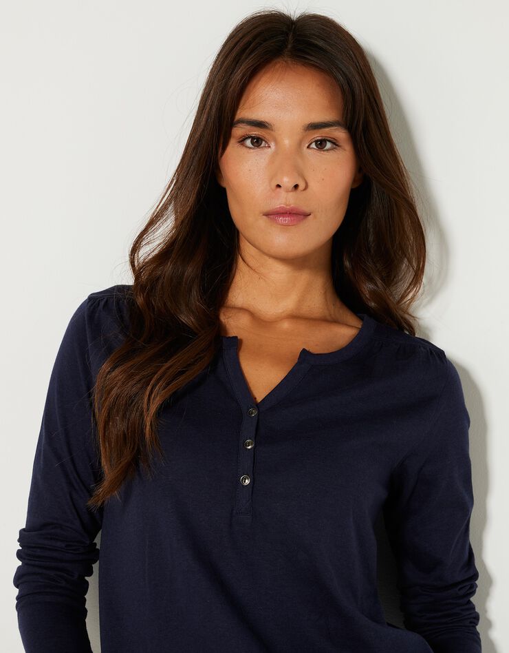 Tee-shirt col tunisien manches longues, uni (marine) Tee-shirt col tunisien manches longues, uni (marine)