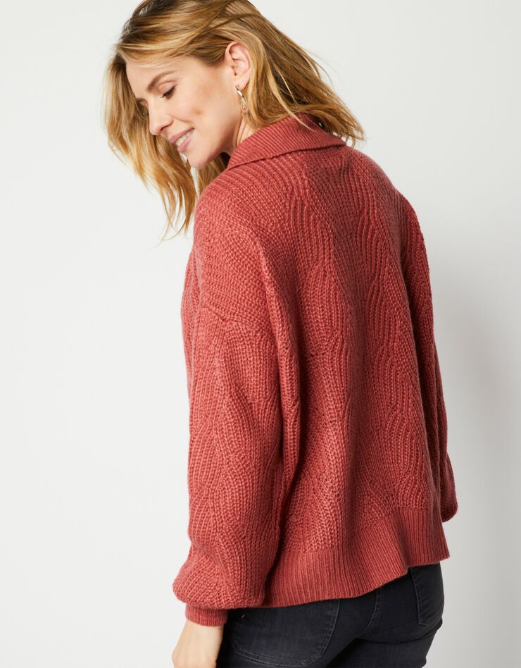 Cardigan maille fantaisie manches blousantes avec col (bois de rose) Cardigan maille fantaisie manches blousantes avec col (bois de rose)