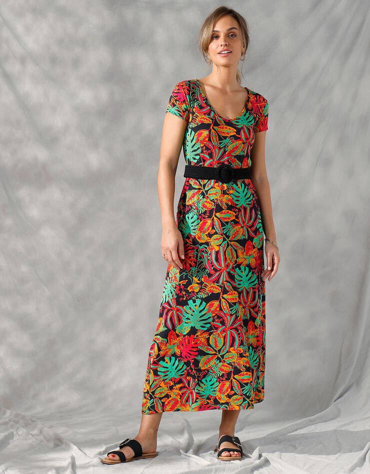 Robe longue manches courtes, maille imprimée (noir / vert)
