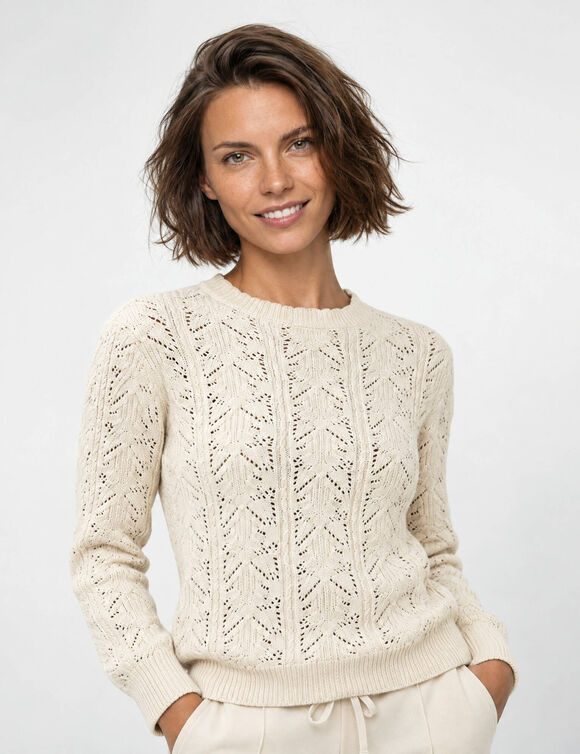 Pull col montant, maille ajour&eacute;e (&eacute;cru)