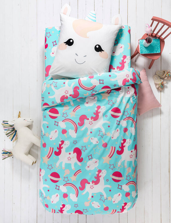 Linge de lit enfant à motif Licorne en coton biologique(**) (bleu)