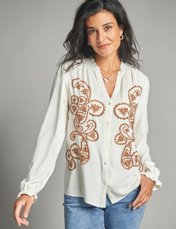 Chemisier brodé, viscose (écru / caramel)