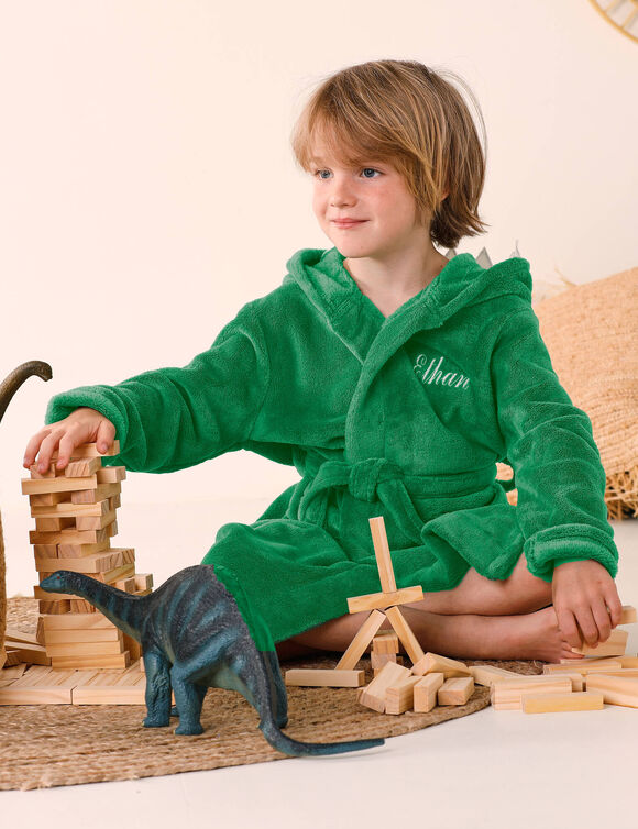 Peignoir de bain enfant &agrave; capuche dinosaure microfibre, &agrave; personnaliser (vert)