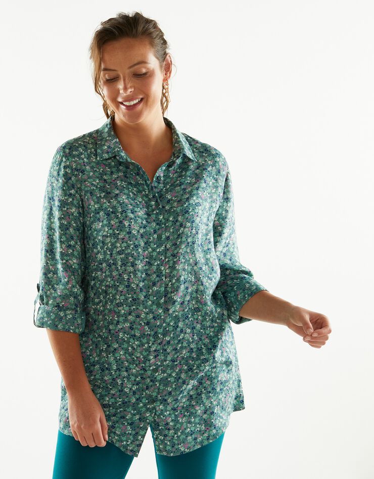 Chemise liquette boutonnée imprimé fleuri, crêpe (vert / violine) Chemise liquette boutonnée imprimé fleuri, crêpe (vert / violine)