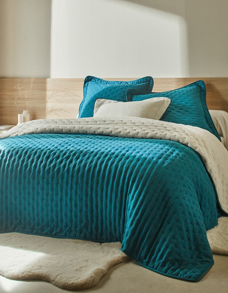 Couvre-lit réversible microfibre matelassée/sherpa (bleu paon)
