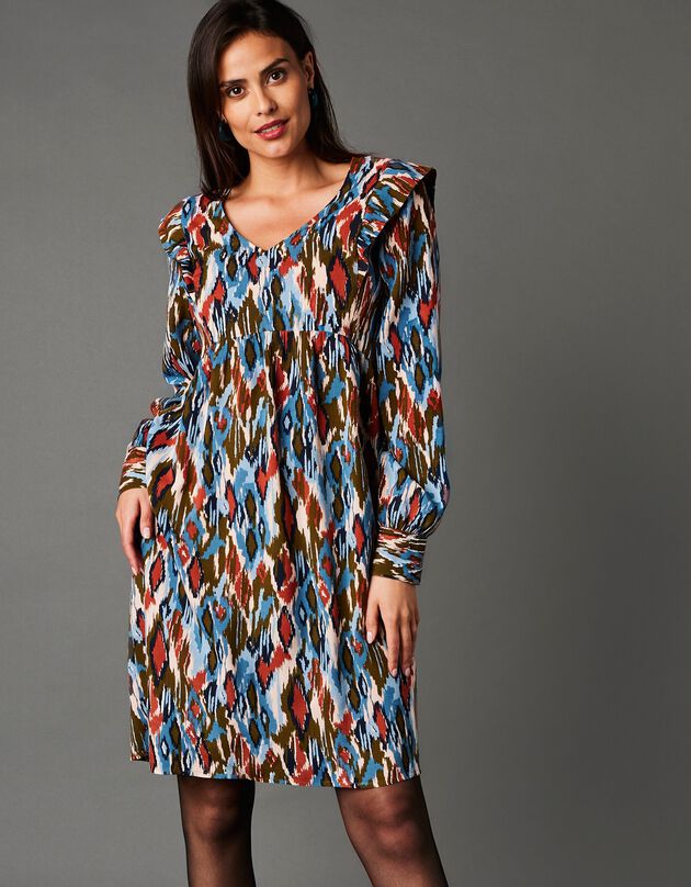 Robe imprimée col V (bleu / kaki)