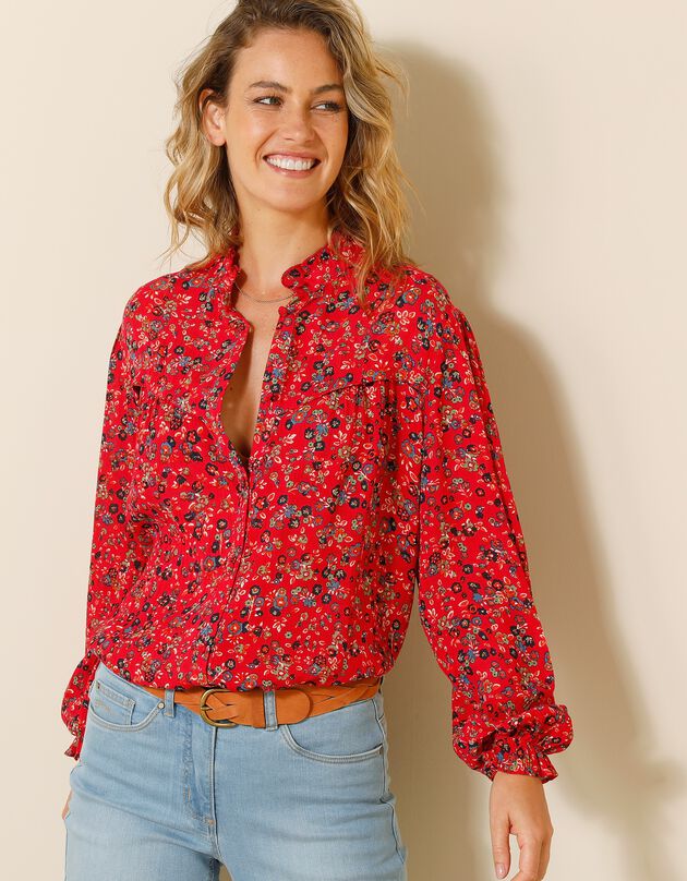 Blouse volantée imprimée, crépon (framboise / vert)