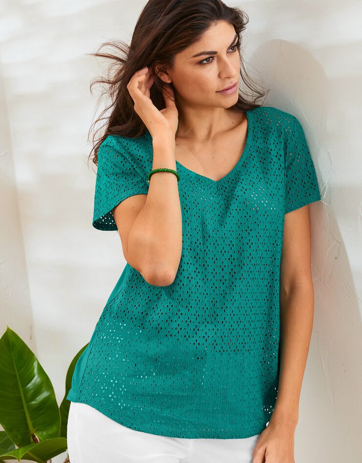 Tee-shirt col V broderie anglaise (vert) Tee-shirt col V broderie anglaise (vert)