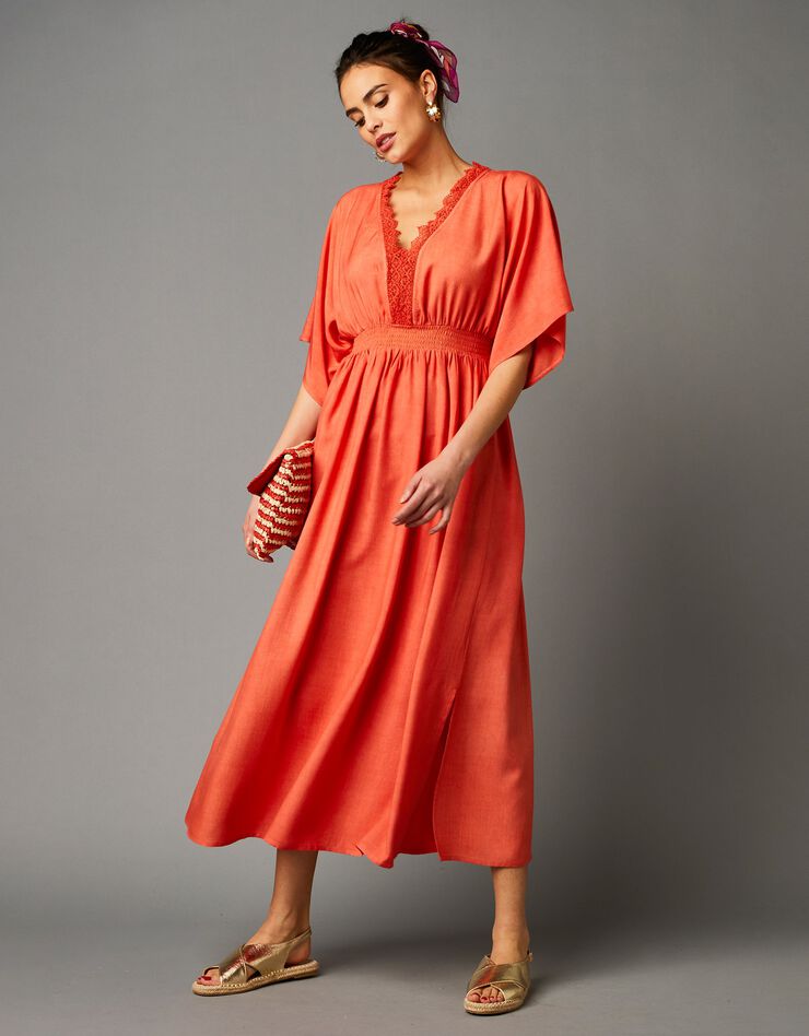 Robe longue fluide décolleté macramé (paprika)