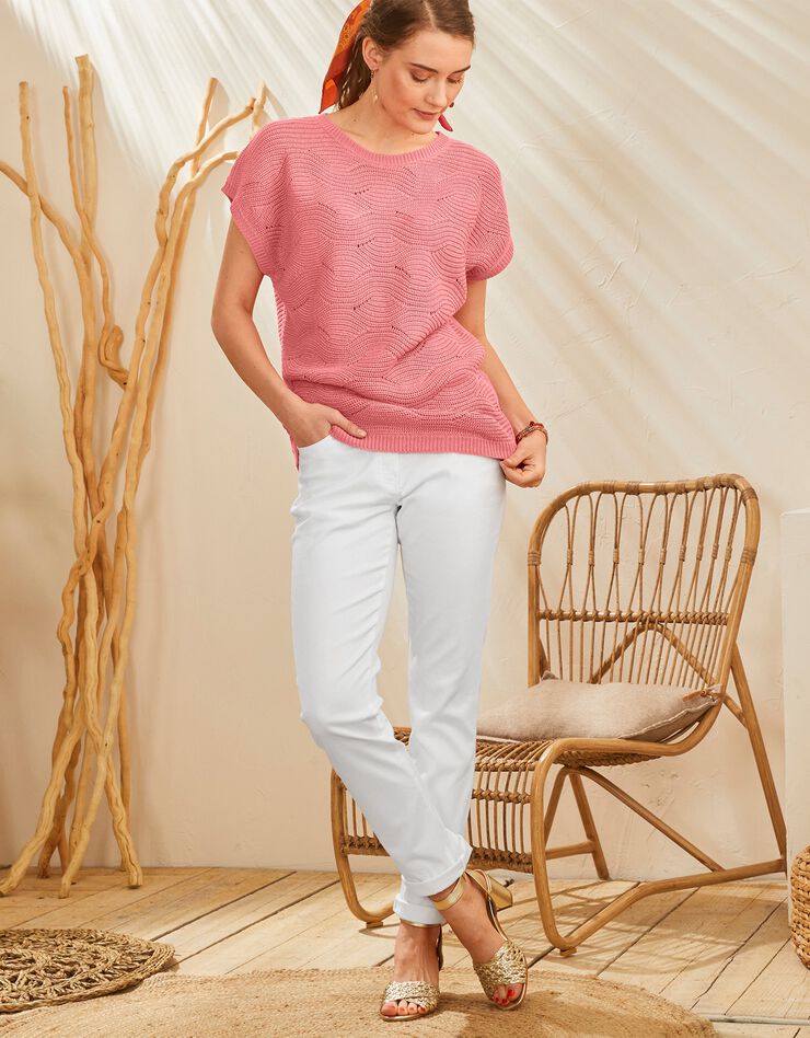 Pull manches courtes, maille fantaisie (corail) Pull manches courtes, maille fantaisie (corail)