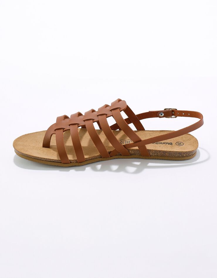 Sandales spartiates en cuir à entredoigt semelle liège (caramel)