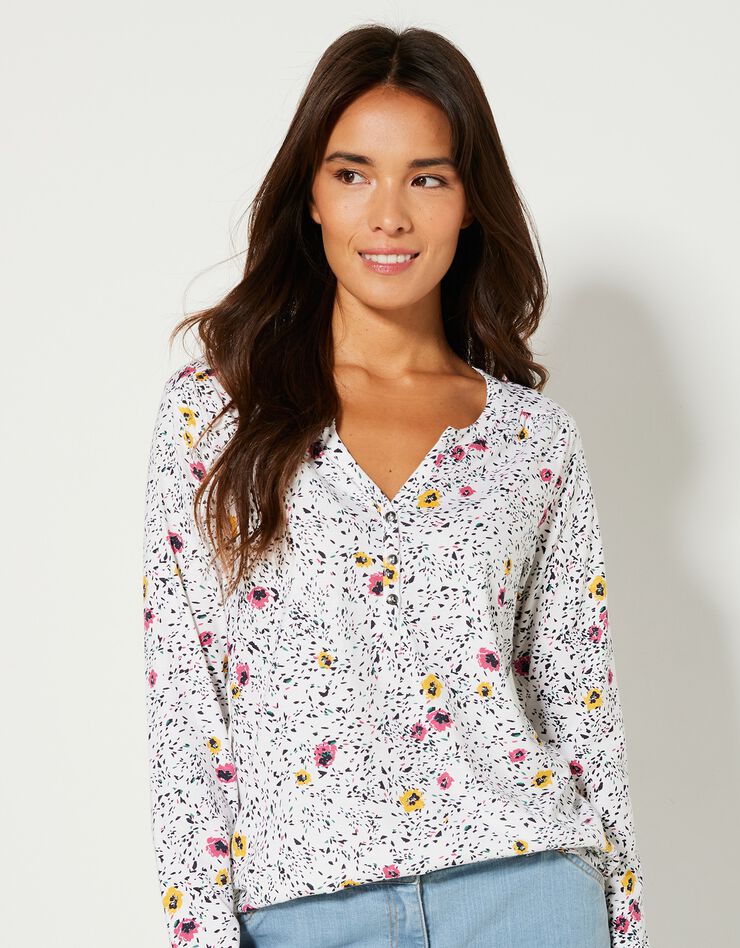 Tee-shirt col tunisien manches longues, imprimé (blanc) Tee-shirt col tunisien manches longues, imprimé (blanc)