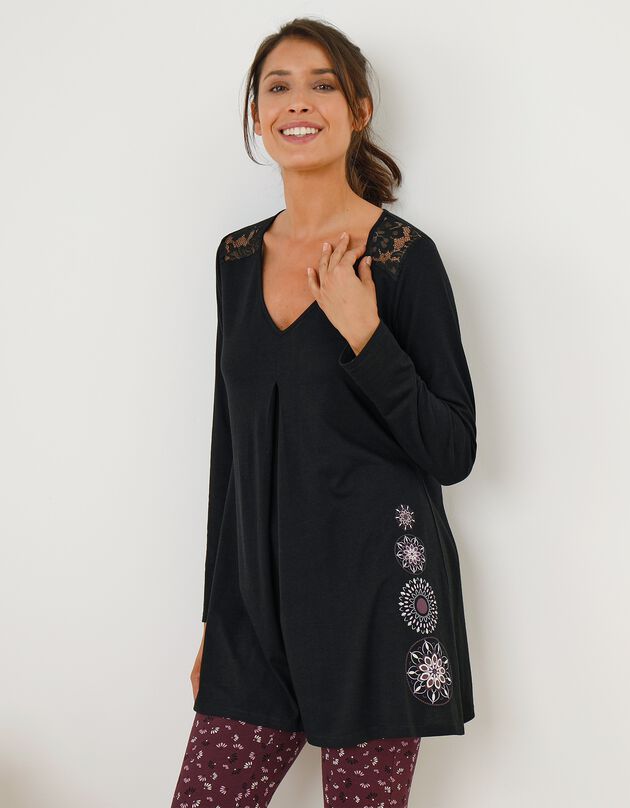 Pyjama longueur tunique uni avec legging (prune / noir)
