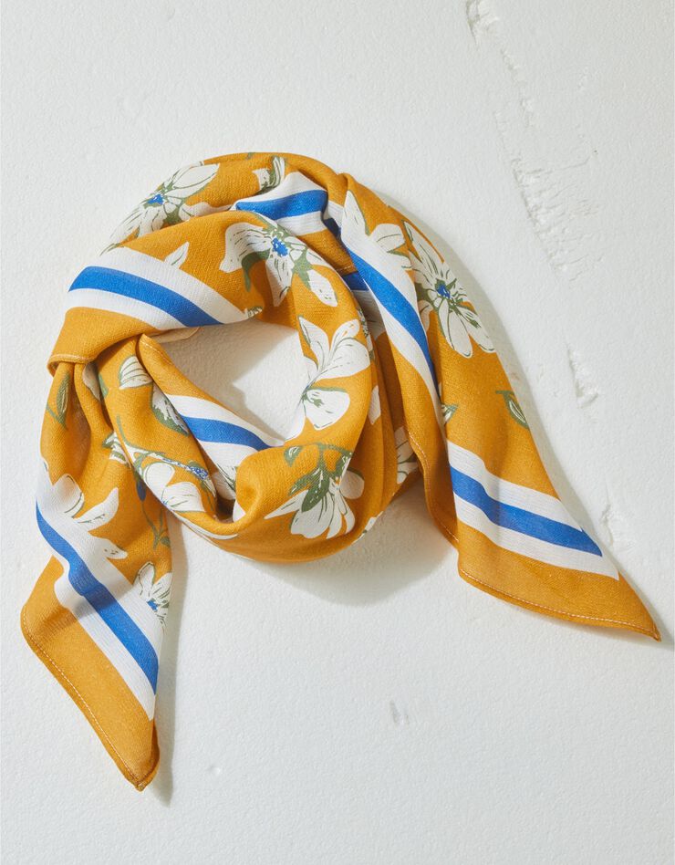 Foulard fabriqué en France imprimé fleurs, 98x98 cm, coton biologique (jaune)