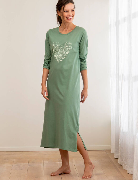 Chemise de nuit longue manches longues imprim&eacute; coeur floral  (kaki)