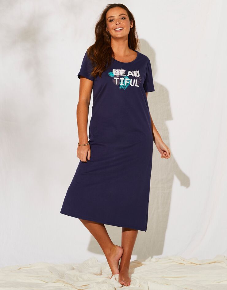 Chemise de nuit longue manches courtes imprimé tropical (marine) Chemise de nuit longue manches courtes imprimé tropical (marine)