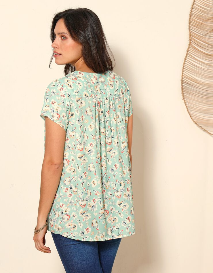 Blouse V manches courtes, crêpe imprimé fleuri (vert) Blouse V manches courtes, crêpe imprimé fleuri (vert)