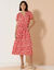 Robe longue col zippé, crépon imprimé (rouge / écru)