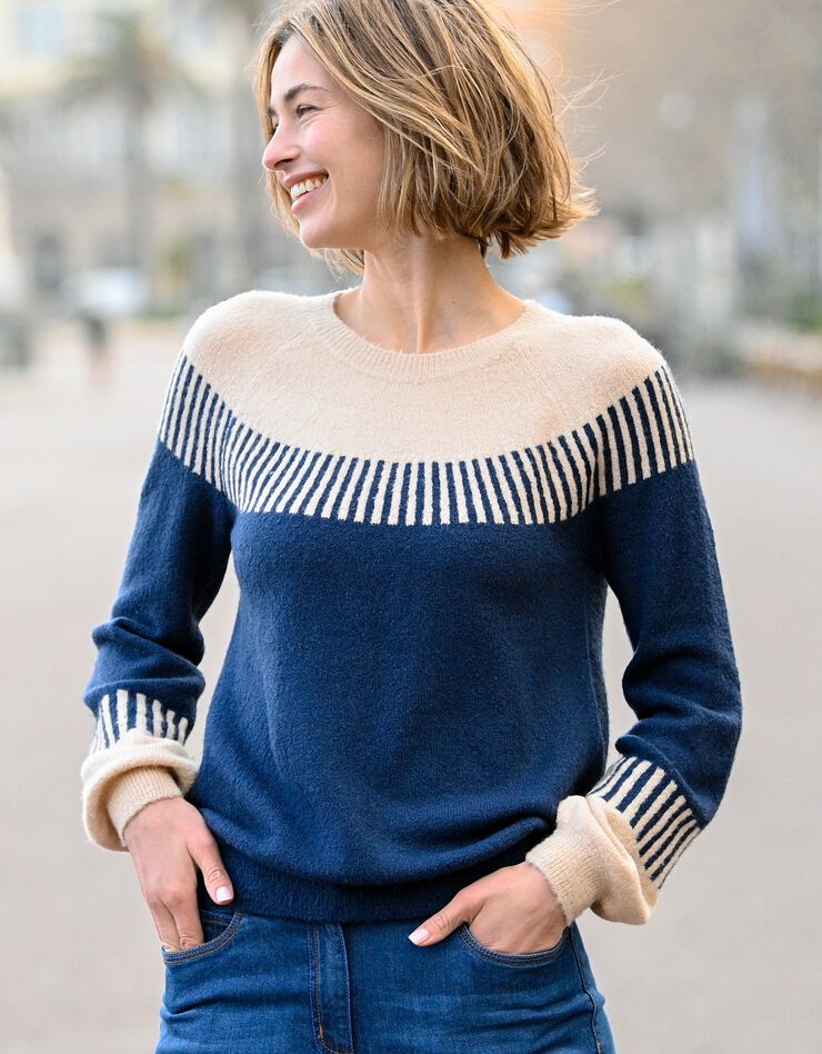 Pull jacquard rayé manches longues blousantes (indigo) Pull jacquard rayé manches longues blousantes (indigo)