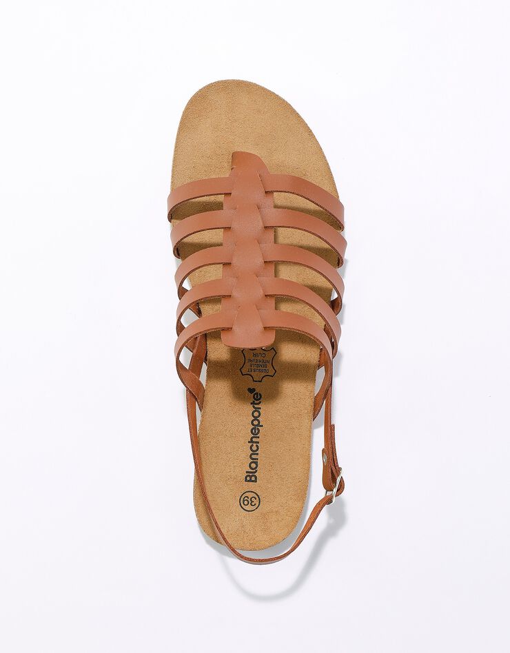 Sandales spartiates en cuir à entredoigt semelle liège (caramel)