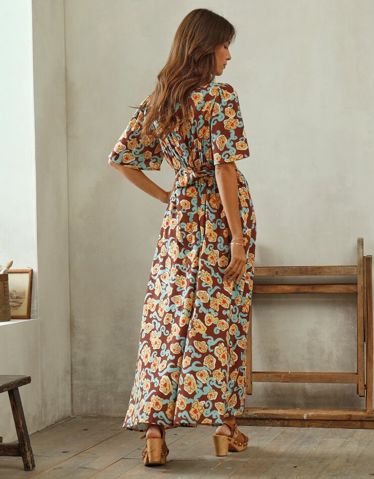 Robe fluide imprimée, collection "Odette Lepeltier" (chocolat / safran)