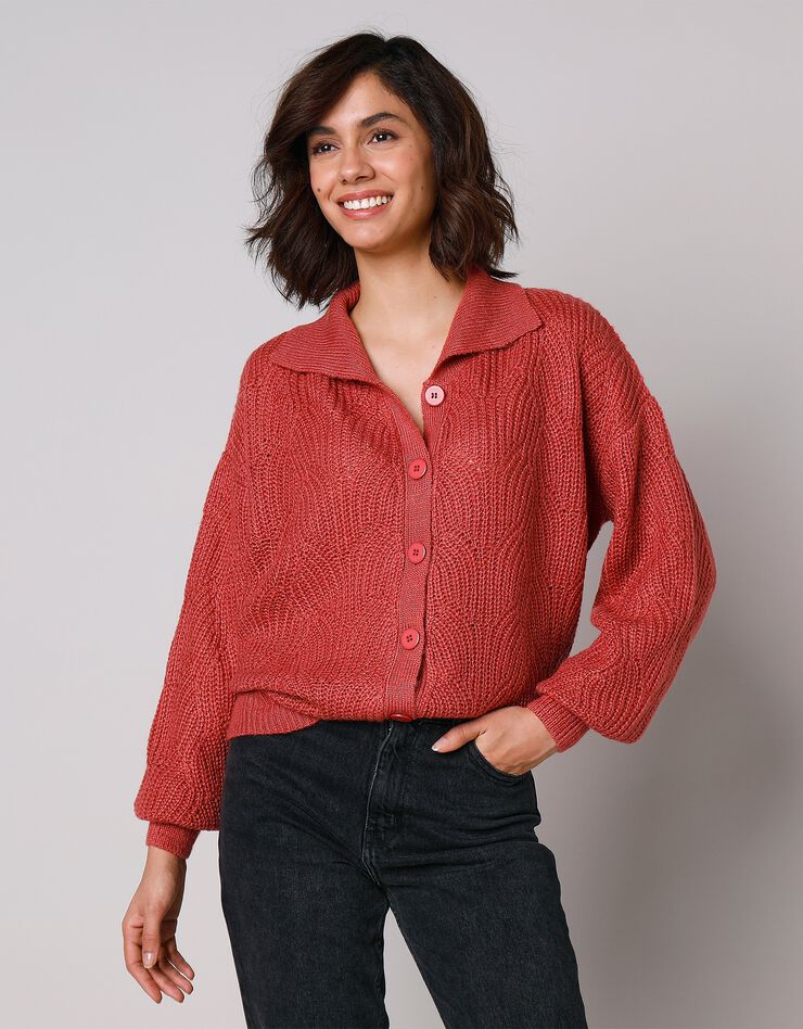 Cardigan maille fantaisie manches blousantes avec col (bleu paon)