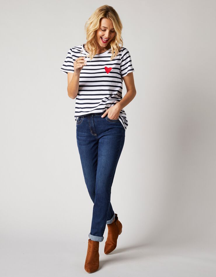 Tee-shirt rayé broderie "coeur", fils tissés-teints (blanc / bleu)