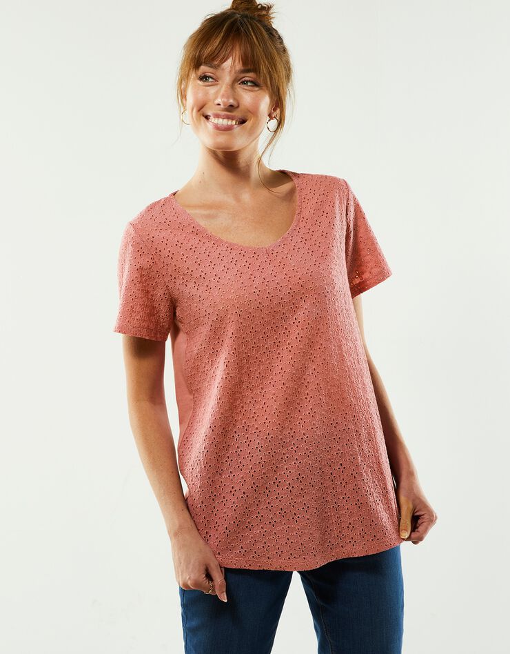 T-shirt col V, broderie anglaise (terracotta)