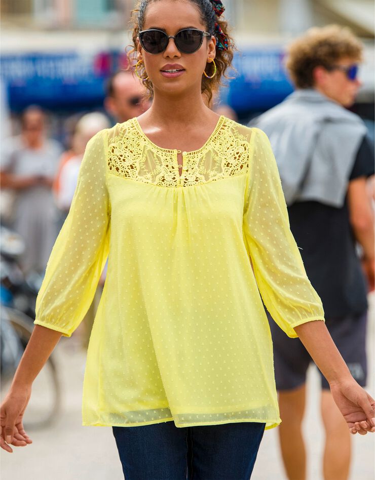 Blouse macramé unie, voile plumetis (citron) Blouse macramé unie, voile plumetis (citron)