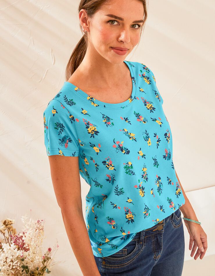 Tee-shirt col rond imprimé fleuri coton (turquoise)
