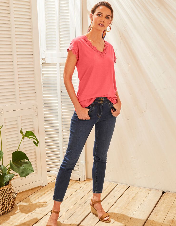 Tee-shirt uni col V macramé (corail) Tee-shirt uni col V macramé (corail)
