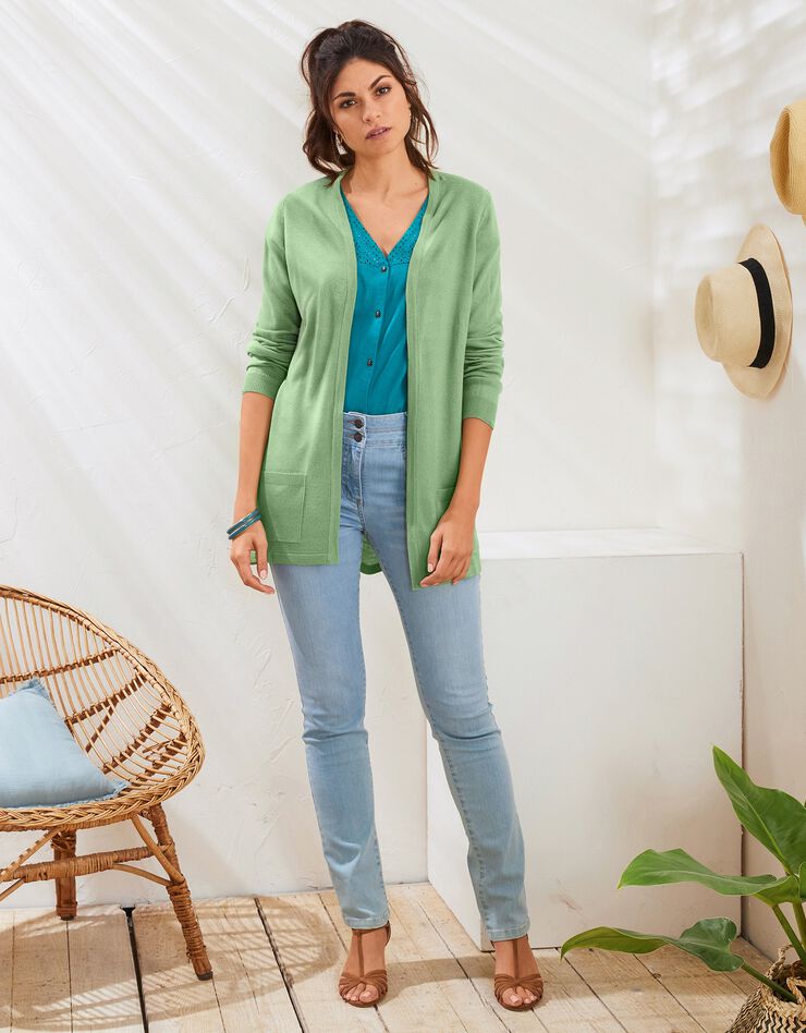 Gilet porter ouvert toucher cachemire (vert clair) Gilet porter ouvert toucher cachemire (vert clair)