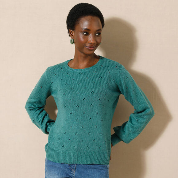 Pull col rond, maille pointelle toucher doux (c&eacute;ladon)
