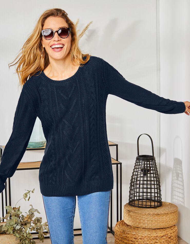 Pull femme col rond torsadé toucher cachemire, manches longues (marine) Pull femme col rond torsadé toucher cachemire, manches longues (marine)