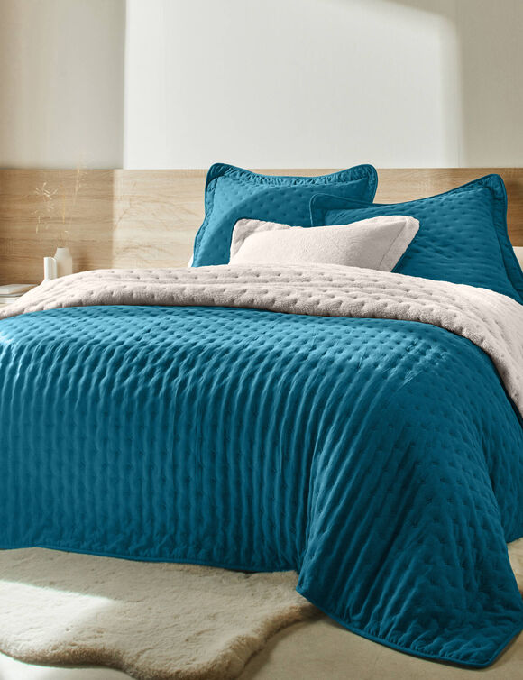 Couvre-lit r&eacute;versible microfibre matelass&eacute;e/sherpa (bleu paon)
