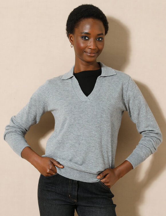 Pull col polo, laine d'agneau (gris chiné)