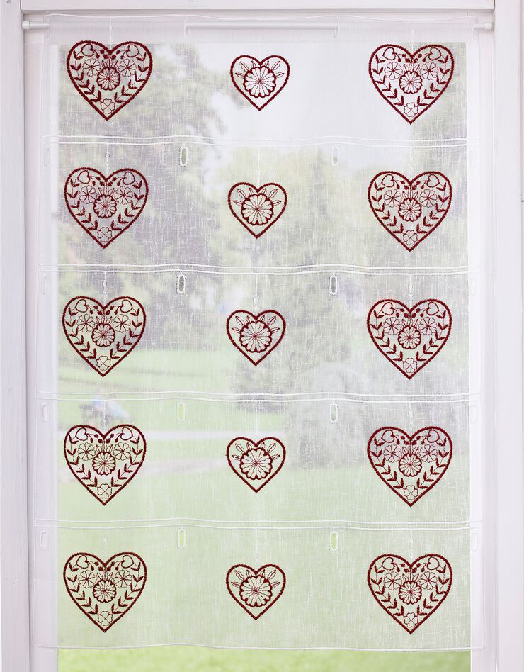 Rideau modulable en hauteur brodé coeurs (blanc / rouge)