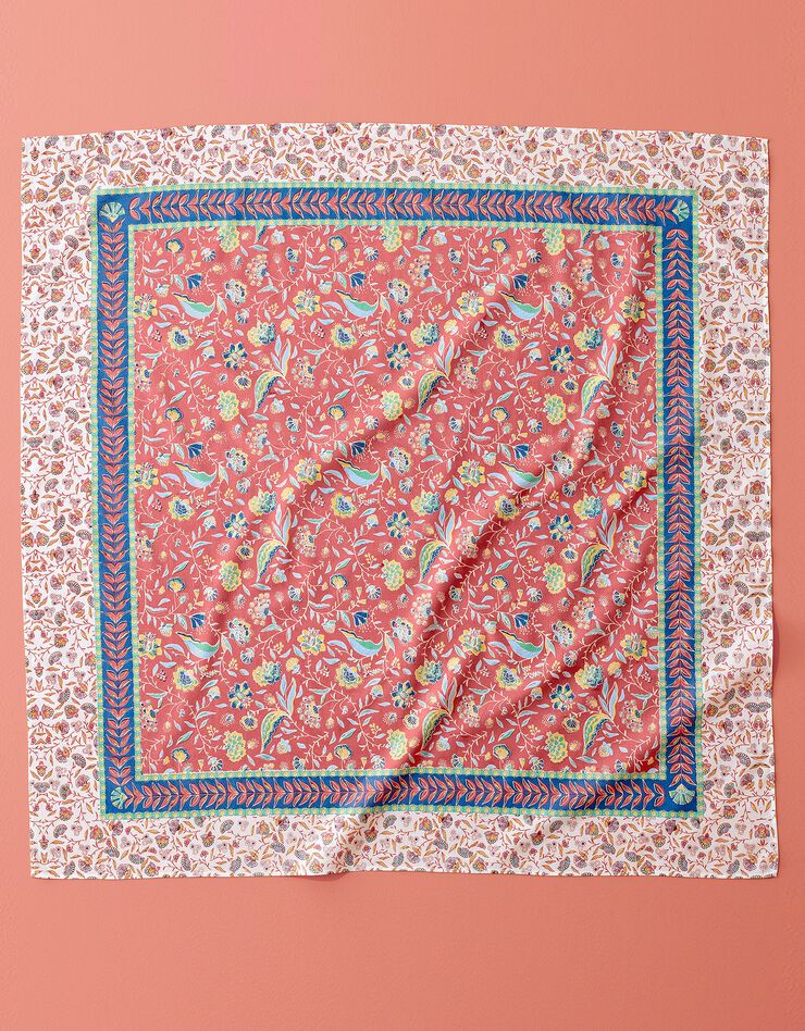 Foulard carré imprimé floral Indian Summer (corail / écru)