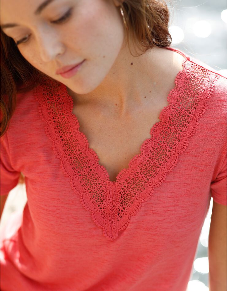 Tee-shirt macramé, effet lin (corail) Tee-shirt macramé, effet lin (corail)