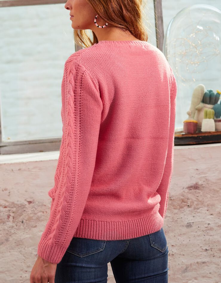 Pull femme col rond torsadé toucher cachemire, manches longues (rose) Pull femme col rond torsadé toucher cachemire, manches longues (rose)
