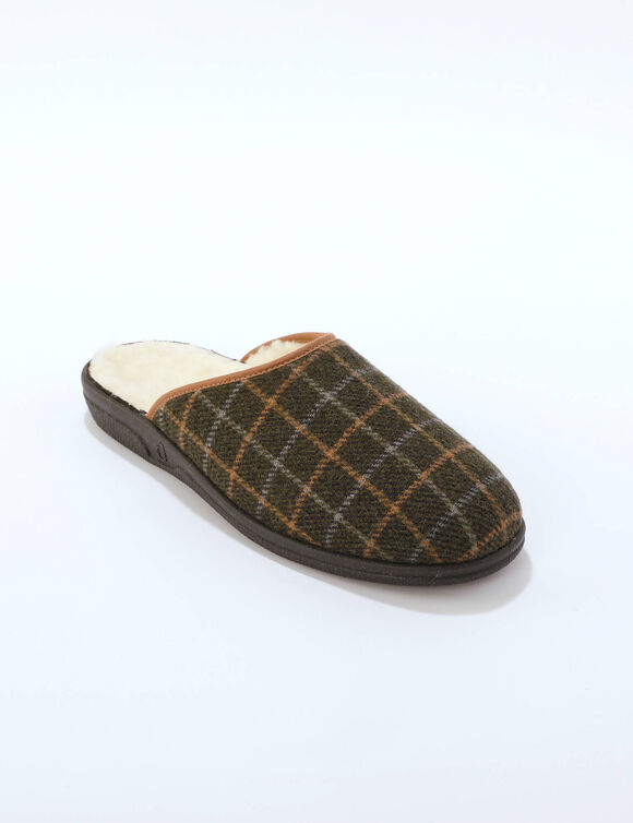 Mules homme fourrées, motif carreaux (kaki)