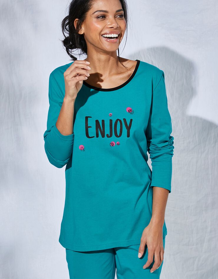 Tee-shirt manches longues coton uni imprimé placé "Enjoy" (émeraude)