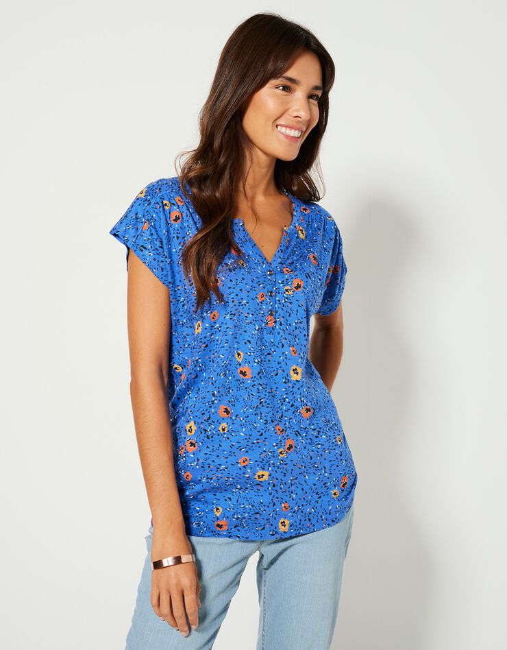 Tee-shirt col tunisien manches courtes, imprimé (bleu)