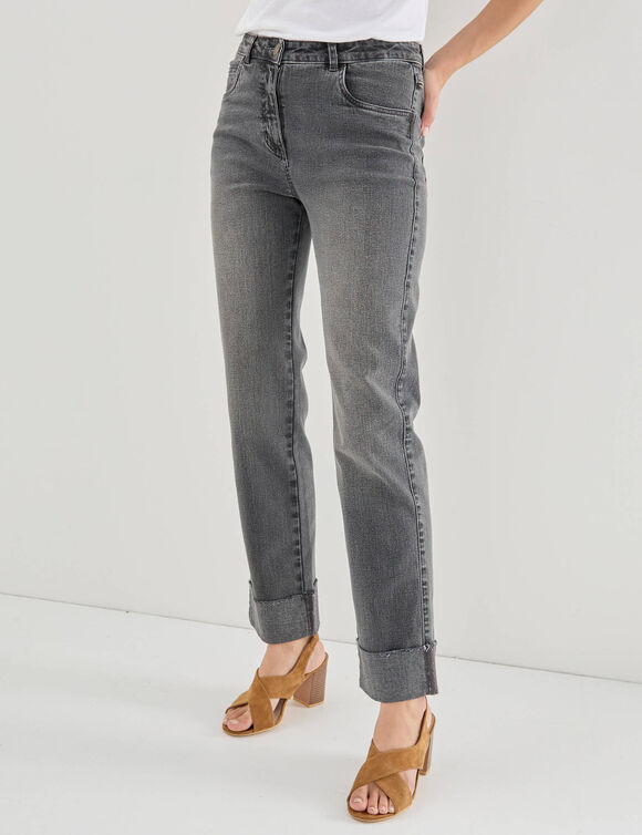 Jean droit &agrave; revers 7/8&egrave;me, taille haute (gris)