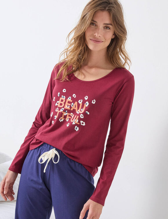 Tee-shirt manches longues coton uni imprimé placé "Beautiful" (bordeaux)