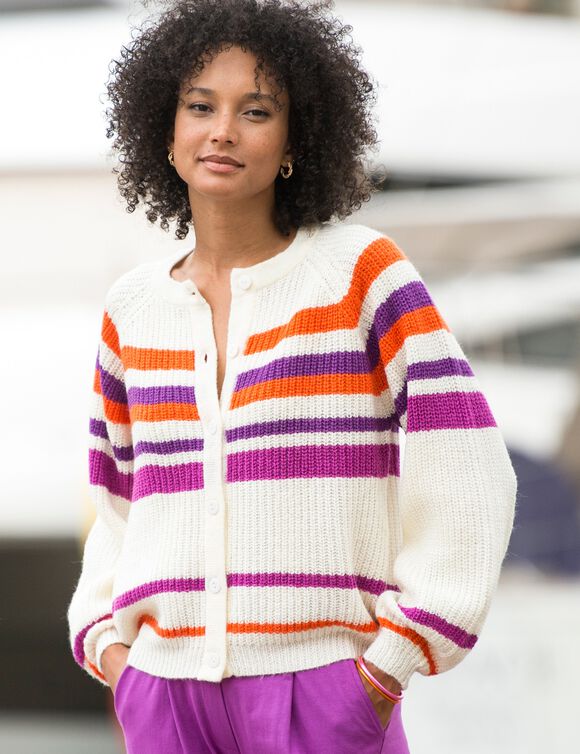 Cardigan rayé boutonné (écru / violine)