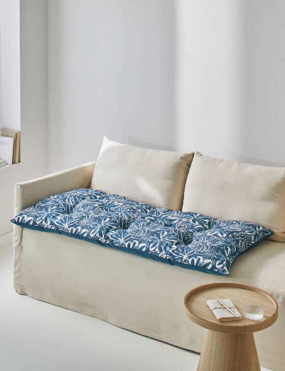 Long coussin d&eacute;co imprim&eacute; feuillage (bleu)