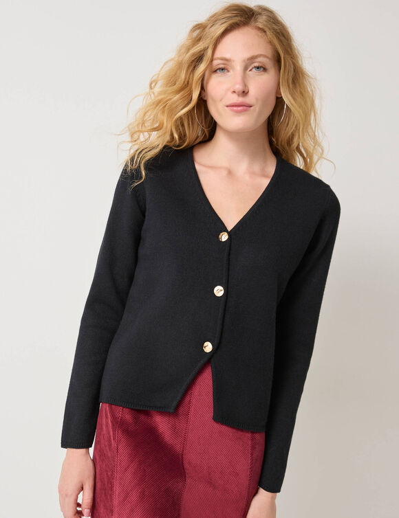 Gilet col V boutonné base asymétrique (noir)