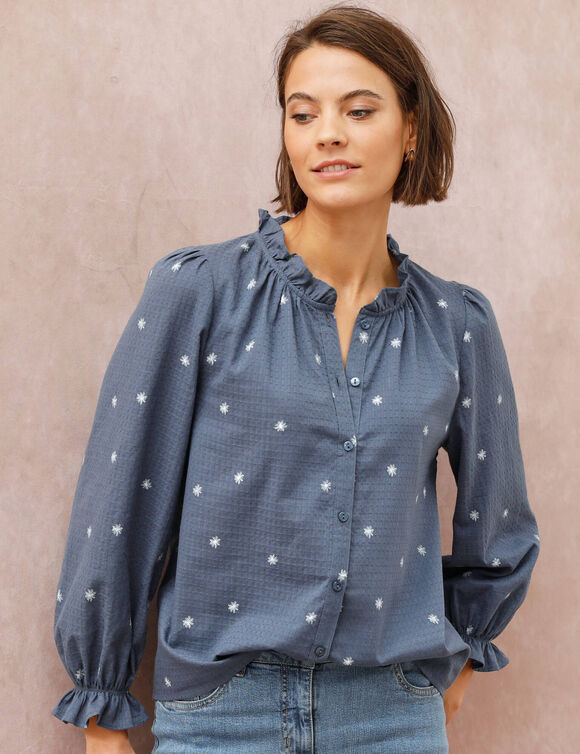 Chemisier volant&eacute; imprim&eacute; marguerites, coton textur&eacute; (bleu gris&eacute; / &eacute;cru)