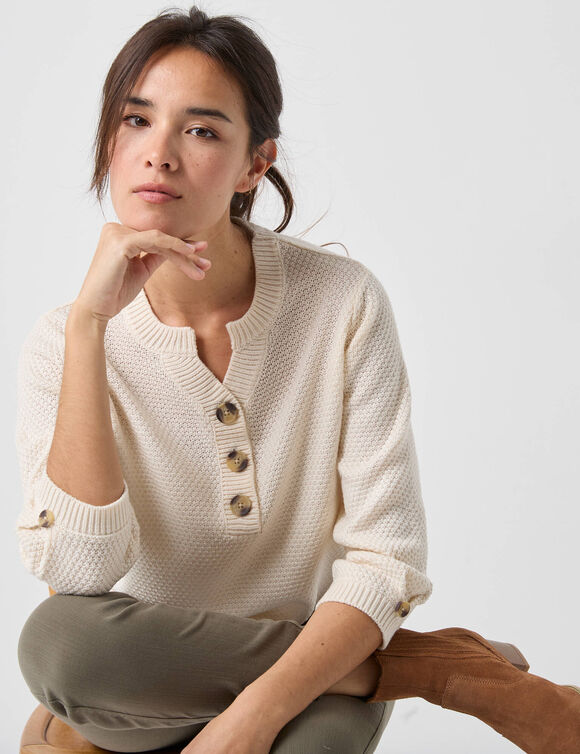 Pull col tunisien manches 3/4, maille fantaisie (écru)